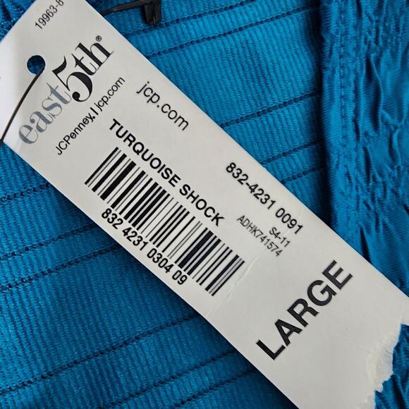 East 5th Womens Top Textured Stretch Blue Blouse Short Sleeve Round Neck Large - Picture 7 of 8